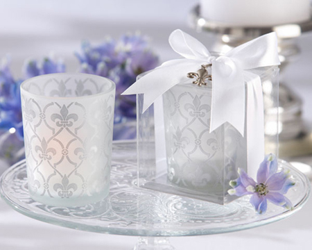 Fleur de lis Frosted Glass Tea Light Holder (set of 4)-Fleur de lis frosted glass tea light holder, tea light, bomboniere, candle, wedding
