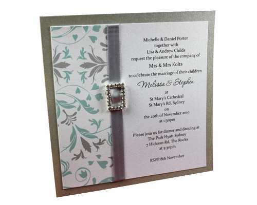 Bella Sweetheart Platinum Invitation-Bella Sweetheart Invitation, diamante buckle invitation, silver invitation, teal invitation, Square invitation, wedding invitation, engagement invitation