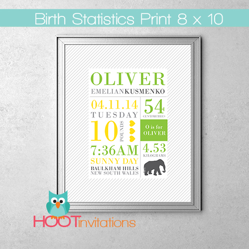 Birth Stats Nursery Print Green Yellow Elephant-Birth Stat Print, Nursery Art, Birth Statistics Print