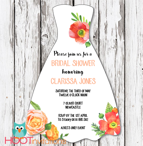 Bridal Shower Dress invitation - Floral-Bridal Shower Dress invitation - Floral Watercolor, watercolour, watercolour flowers, kitchen tea invitation, coral and apricot, pink and orange, green and pink,