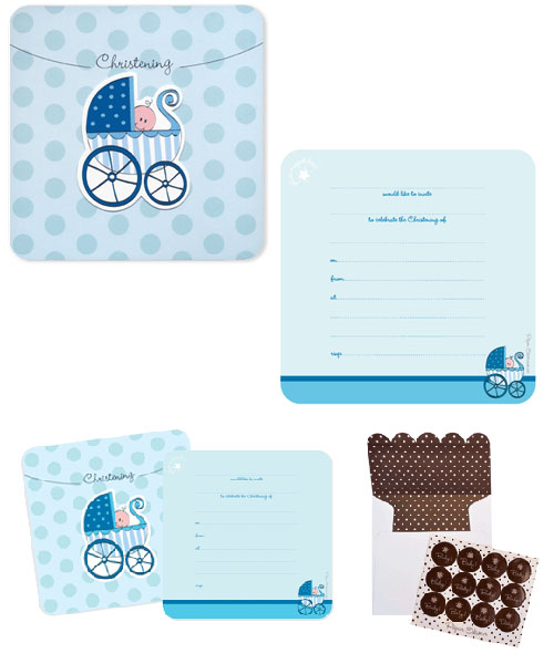 Paper Eskimo Christening Invitation Blue Pram (pack of 12)-Paper Eskimo Christening Invitation Blue pram, Boys Christening invitation, unique christening invitation, paper eskimo invitation, designer christening invitation