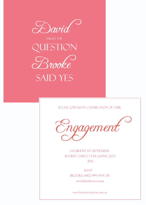 Engagement Invitation- He asked She said yes!-Engagement invitation, watermelon coloured invitation, groom asked the question bride said yes, simple engagement invitation, custom engagement invitation