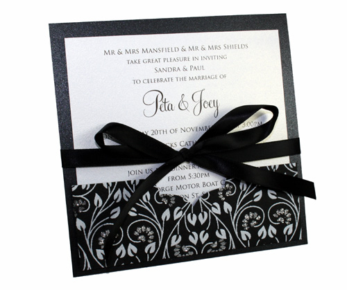 Black Floral Glitter Square Invitation-Black Floral Glitter print, black and white invitation, wedding invitations