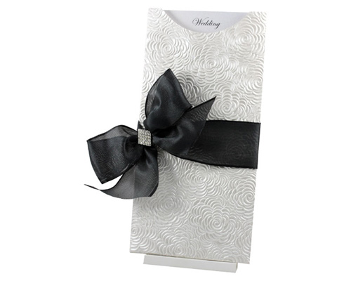 DL Glamour Pocket White Bouquet with Bow-Glamour Pocket, paperglitz, black and white invitation, glamorous invitation