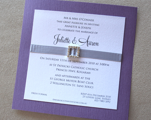 Purple Sparkle-Wedding Invitations, purple invitations, diamante Buckle, crystal buckle, silver ribbon, unique invitation, different wedding invitation