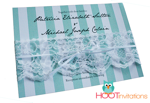 Tiffany Blue Stripes and Lace Invitation-Wedding Invitation, tiffany blue stripe invitation, white lace invitation, aqua and white invitation, turquoise and white invitation