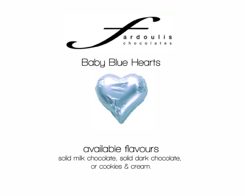 Baby Blue Foiled Hearts-Fardoulis chocolate foiled Hearts, chocolate hearts, foil hearts, wedding confectionery, wedding chocolate, bomboniere, bonbonniere, fine chocolate, luxury bomboniere, luxury chocolate, baby blue chocolate