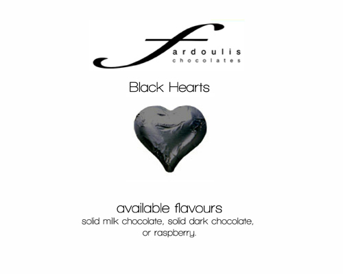 Black Foiled Hearts-Fardoulis chocolate foiled Hearts, chocolate hearts, foil hearts, wedding confectionery, wedding chocolate, bomboniere, bonbonniere, fine chocolate, luxury bomboniere, luxury chocolate, black chocolate, black hearts, black foil