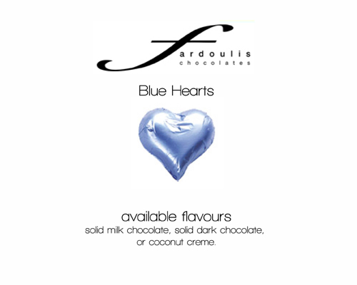 Blue Foiled Hearts-Fardoulis chocolate foiled Hearts, chocolate hearts, foil hearts, wedding confectionery, wedding chocolate, bomboniere, bonbonniere, fine chocolate, luxury bomboniere, luxury chocolate, blue chocolate