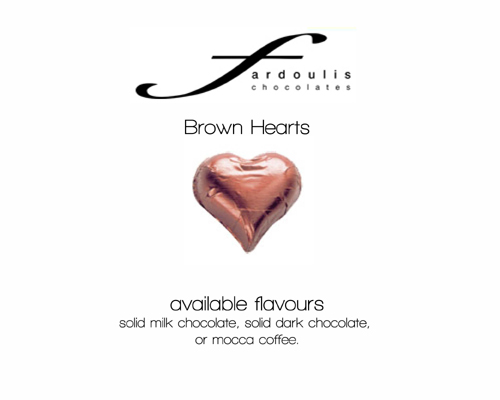 Brown Foiled Hearts-Fardoulis chocolate foiled Hearts, chocolate hearts, foil hearts, wedding confectionery, wedding chocolate, bomboniere, bonbonniere, fine chocolate, luxury bomboniere, luxury chocolate, brown chocolate, brown hearts