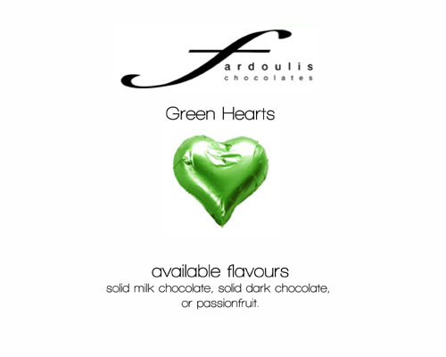 Green Foiled Hearts-Fardoulis chocolate foiled Hearts, chocolate hearts, foil hearts, wedding confectionery, wedding chocolate, bomboniere, bonbonniere, fine chocolate, luxury bomboniere, luxury chocolate, green chocolate