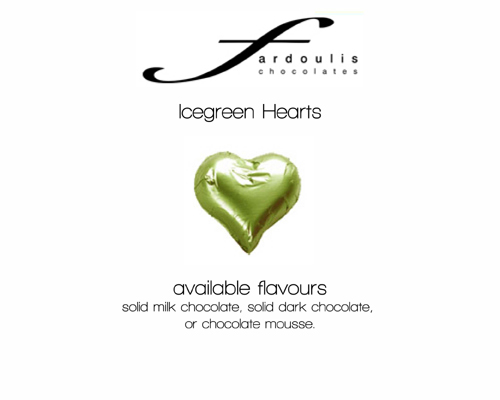 Ice Green Foiled Hearts-Fardoulis chocolate foiled Hearts, chocolate hearts, foil hearts, wedding confectionery, wedding chocolate, bomboniere, bonbonniere, fine chocolate, luxury bomboniere, luxury chocolate, ice green chocolate, green chocolate