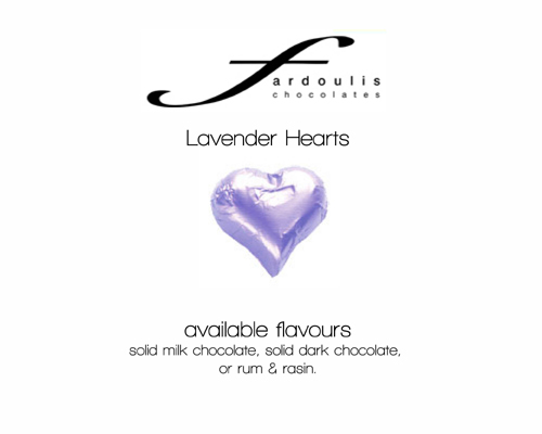 Lavender Foiled Hearts-Fardoulis chocolate foiled Hearts, chocolate hearts, foil hearts, wedding confectionery, wedding chocolate, bomboniere, bonbonniere, fine chocolate, luxury bomboniere, luxury chocolate, purple chocolate, lavender chocolate