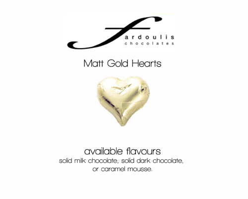 Matt Gold Foiled Hearts-Fardoulis chocolate foiled Hearts, chocolate hearts, foil hearts, wedding confectionery, wedding chocolate, bomboniere, bonbonniere, fine chocolate, luxury bomboniere, luxury chocolate, gold hearts, gold chocolate