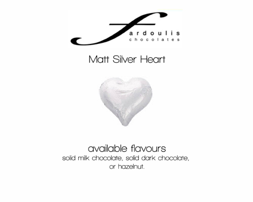 Matt Silver Foiled Hearts-Fardoulis chocolate foiled Hearts, chocolate hearts, foil hearts, wedding confectionery, wedding chocolate, bomboniere, bonbonniere, fine chocolate, luxury bomboniere, luxury chocolate