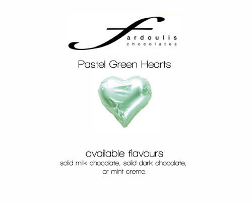 Pastel Green Hearts-Fardoulis chocolate foiled Hearts, chocolate hearts, foil hearts, wedding confectionery, wedding chocolate, bomboniere, bonbonniere, fine chocolate, luxury bomboniere, luxury chocolate, pastel green chocolate, green chocolate