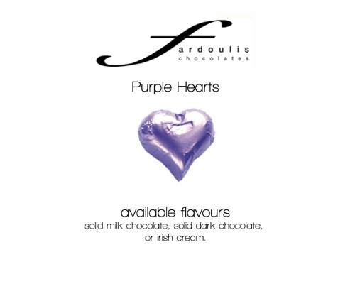 Purple Foiled Hearts-Fardoulis chocolate foiled Hearts, chocolate hearts, foil hearts, wedding confectionery, wedding chocolate, bomboniere, bonbonniere, fine chocolate, luxury bomboniere, luxury chocolate