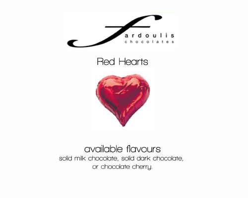 Red Foiled Hearts-Fardoulis chocolate foiled Hearts, chocolate hearts, foil hearts, wedding confectionery, wedding chocolate, bomboniere, bonbonniere, fine chocolate, luxury bomboniere, luxury chocolate, red heart chocolate, red chocolate