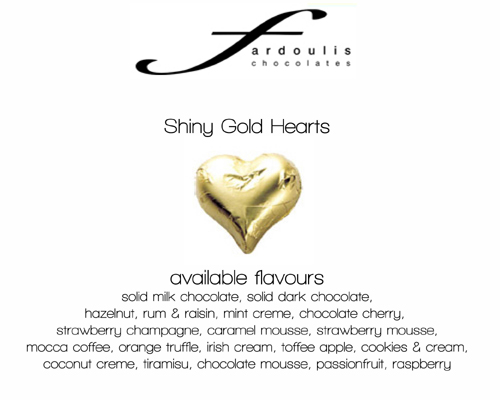 Shiny Gold Foiled Hearts-Fardoulis chocolate foiled Hearts, chocolate hearts, foil hearts, wedding confectionery, wedding chocolate, bomboniere, bonbonniere, fine chocolate, luxury bomboniere, luxury chocolate, gold hearts, gold chocolate, yelow hearts, yellow chocolate