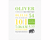 Birth Stats Nursery Print Green Yellow Elephant-Birth Stat Print, Nursery Art, Birth Statistics Print