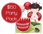 Lady Beetle Party Pack $50-Lady Bug Party Pack, Lady beetle party pack, budget lady beetle party pack, cheap lady beetle party supplies, paper eskimo lady beetle invitation pack, girls party supplies pack