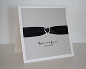 Silver and Black Heart Buckle Invitation-Silver and Black invitation, heart buckle, wedding invitation, elegant invitation, silver card, black ribbon